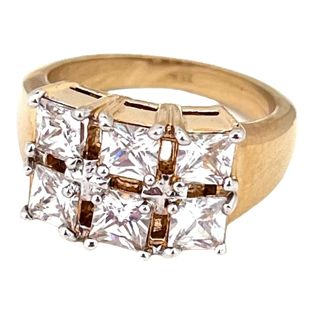 Vintage 1970s CZ Cluster Ring Six Princess Cut Stones Gold Plated Size 7 - 5W